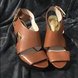 Michael Kors tan Leather heels supportive straps gold buckles offer good support